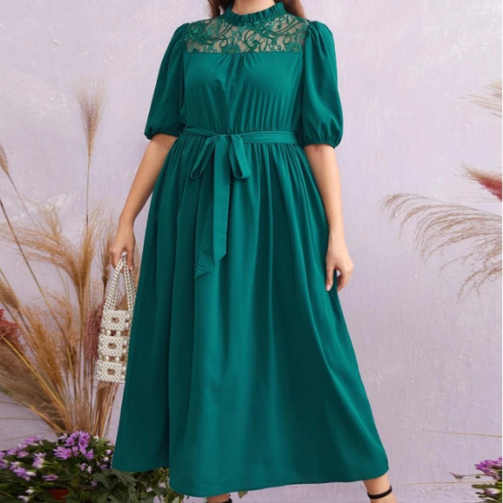 SHEIN Plus Lace Yoke Frilled Neck Belted Dress